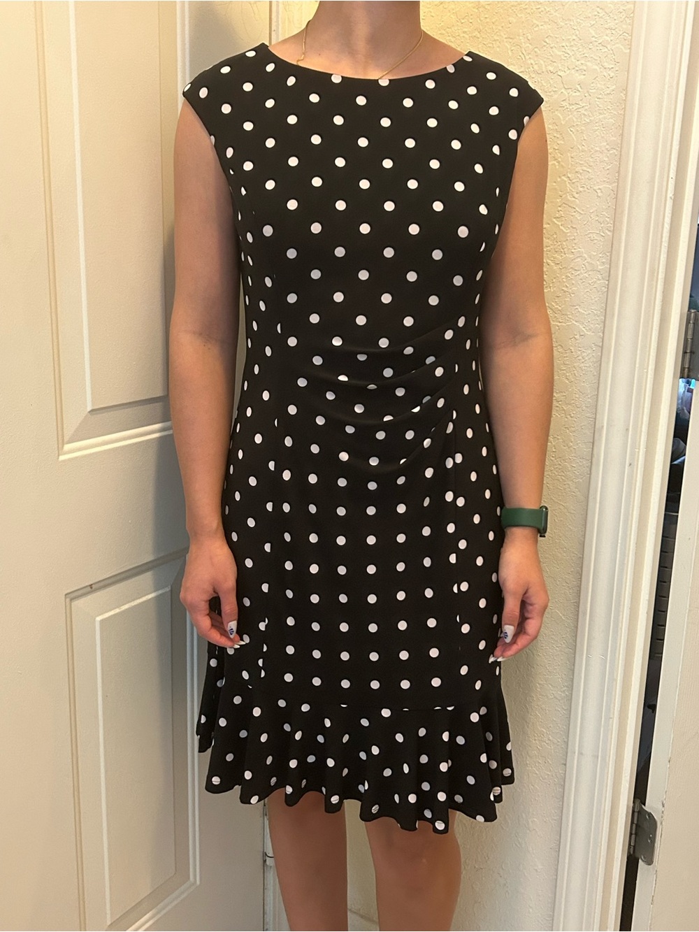 Ralph Lauren Black Polka Dot Midi Dress with Ruffle Hem